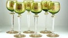 SIX ACID ETCHED GREEN CASED WINE GLASSES GOBLETS PROB. ST. LOUIS