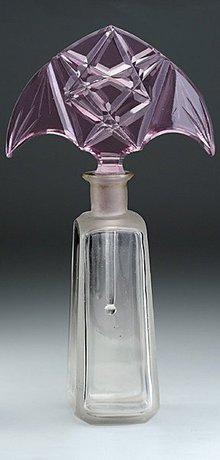 CZECH DECO CLEAR & FROSTED SCENT PERFUME BOTTLE, AMETHYST STOPPER