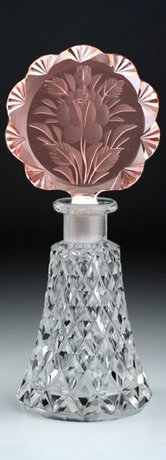 CZECH DECO CUT CRYSTAL SCENT PERFUME BOTTLE PINK ENGRAVED STOPPER