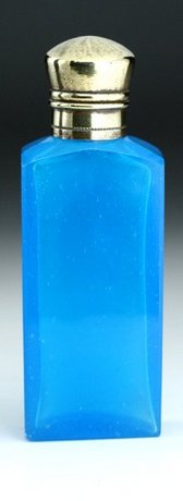 SEMI TRANSLUCENT BLUE GLASS SCENT PERFUME BOTTLE, BRASS TOP