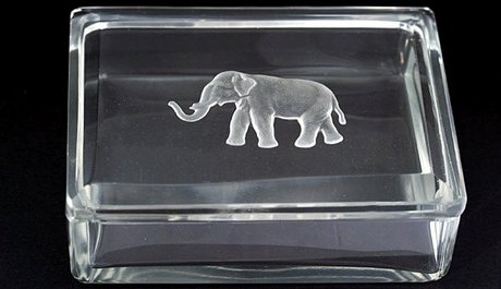 HOFFMANN GLASS TRINKET BOX WITH INTAGLIO ETCHED ELEPHANT 