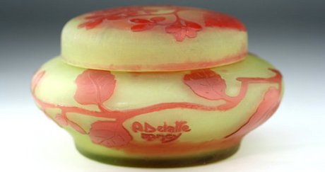 ANDRE DELATTE SALMON PINK ON CITRON CAMEO GLASS LIDDED POT SIGNED