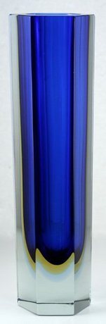 MURANO BLUE YELLOW SOMMERSO GEOMETRIC GLASS VASE, PROBABLY SEGUSO