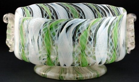 VENETIAN LATTICINO GREEN & WHITE GLASS BOWL, APPLIED MASK HANDLES