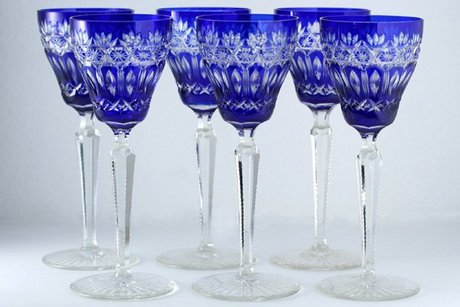 SIX COBALT OVERLAY BOHEMIAN CRYSTAL CUT CLEAR HOCK WINE GLASSES