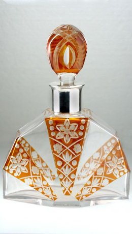 GERMAN FLASHED AMBER DECO GLASS DECANTER, SILVER COLLAR
