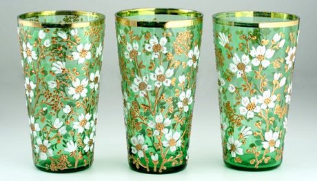 TRIO OF GREEN MOSER FLORAL ENAMELLED & GILT JUICE WATER GLASSES