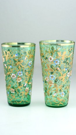 PAIR OF GREEN MOSER FLORAL ENAMELLED & GILT JUICE WATER GLASSES