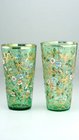PAIR OF GREEN MOSER FLORAL ENAMELLED & GILT JUICE WATER GLASSES