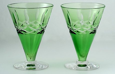 PAIR OF JOHN WALSH BRENDON GREEN LIQUEUR OR SHERRY GLASSES 