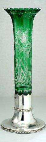 STEVENS & WILLIAMS GREEN GLASS ENGRAVED VASE IN STERLING SILVER S