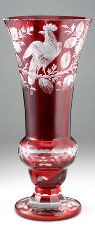 BOHEMIAN RUBY OVERLAY GLASS VASE ENGRAVED WITH BIRDS
