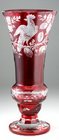 BOHEMIAN RUBY OVERLAY GLASS VASE ENGRAVED WITH BIRDS
