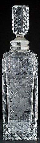 CUT CRYSTAL & ENGRAVED DECANTER WITH SPANISH SILVER COLLAR