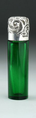 EMERALD GLASS CYLINDER SCENT PERFUME BOTTLE, SILVER TOP