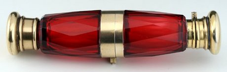 RUBY GLASS SILVER GILT DOUBLE END BINOCULAR SCENT PERFUME BOTTLE 