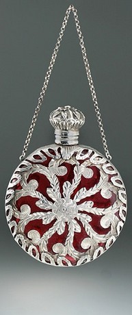 FRENCH CRANBERRY GLASS SCENT PERFUME BOTTLE IN ORNATE METALWORK CASING