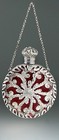 FRENCH CRANBERRY GLASS SCENT PERFUME BOTTLE IN ORNATE METALWORK CASING