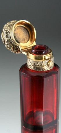 FINE c.1880 RUBY GLASS DOUBLE END SMELLING SALTS & SCENT PERFUME BOTTLE