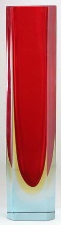 MURANO RED & YELLOW SOMMERSO GEOMETRIC GLASS VASE, PROBABLY SEGUSO