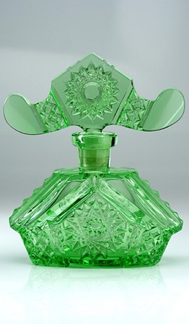 CZECH DECO GREEN URANIUM CUT GLASS SCENT PERFUME BOTTLE WITH MATCHING STOPPER