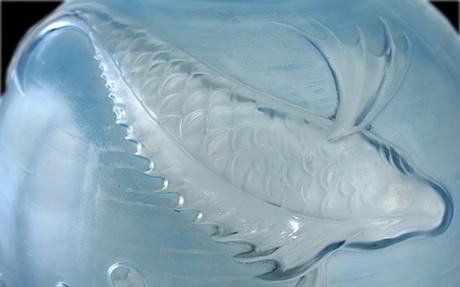 PIERRE D'AVESN LORRAIN (PAUL DAUM) RELIEF MOULDED BLUE PATINA GLASS FISH VASE 