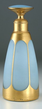 DECO DEVILBISS FROSTED BLUE GLASS & GOLD SCENT PERFUME BOTTLE