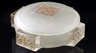 FRENCH DECO SATIN GLASS BOX & COVER, RELIEF MOULDED BROWN PATINA FLORAL SECTIONS