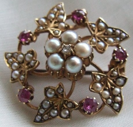  Antique VICTORIAN Gold Pearl Diamond Ruby Floral Brooch Pendant