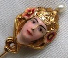 Antique Art Nouveau 14ct Gold Cameo Enamel Pearl Stickpin Brooch 