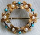 Antique VICTORIAN 15ct Gold Pearl Turquoise Floral Wreath Brooch 