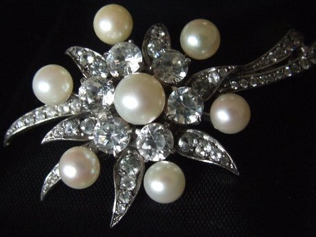 Vintage Sterling Silver Cultured Pearl Paste Brooch Pin