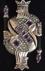 King of Diamonds Onyx Marcasite Amethyst Paste Silver Brooch Pin