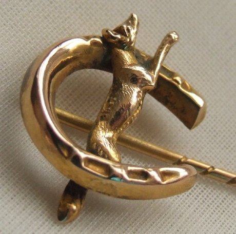 ART DECO 9ct Gold Equestrian Fox & Horseshoe Hunting Stick Pin 