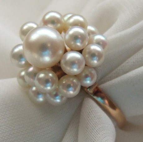Vintage Retro 14ct Gold Cultured Pearl Cluster Cocktail Ring