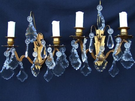 Circa 1900 French Double Armed Brass and Glass Wall Lights.