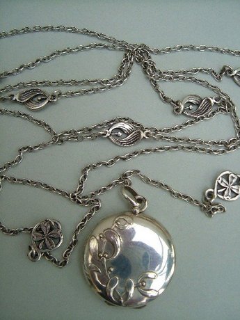 Art Nouveau Silver Locket with Fancy Long Guard Chain