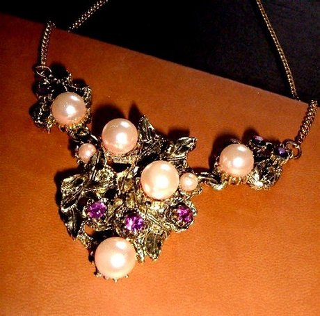 Purple Stones and Large Pearls Art Vintage Juliana Necklace