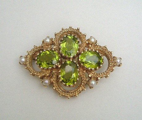 Vintage Peridot and Pearls Ornate Gold Brooch