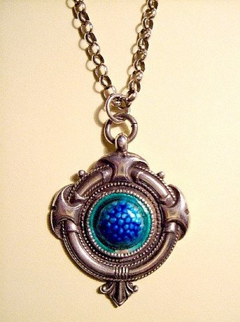 Arts and Crafts Silver and Enamel Pendant and Long Chain