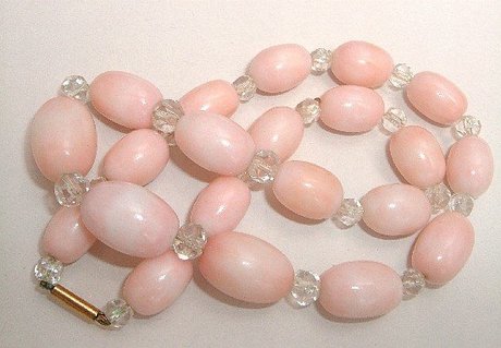Vintage Angel Pink Coral and Rock Crystal Gold Clasp Necklace