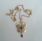 Art Nouveau Amethyst Drop and Seed Pearl Pendant and Chain