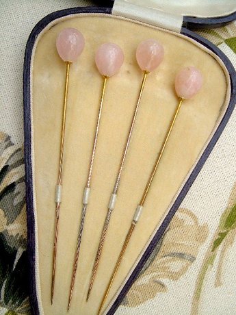 Cased Set of Four Rose Pink Quartz Hatpins