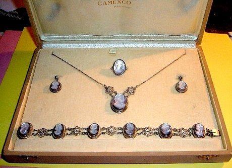 Sterling Silver Mother of Pearl Cameo Full Parure by Camexco
