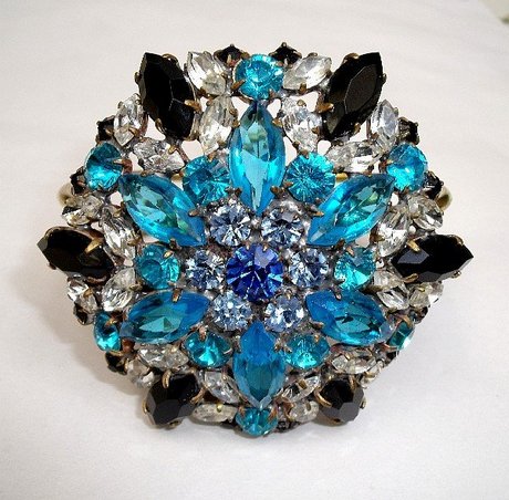 Vintage Blue Czech Rhinestone Flower Clamper Bracelet