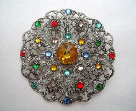 Czech Large Filigree Multi Gemstones Vintage Brooch
