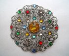 Czech Large Filigree Multi Gemstones Vintage Brooch