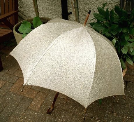 Golden Fabric Vintage 1950s Umbrella with Wooden Handle
