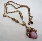 Vintage Pink Stone and Pearls Ornate Long Necklace
