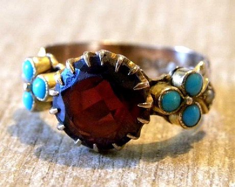 Edwardian Garnet Turquoise & Seed Pearl Gold Ring 1909